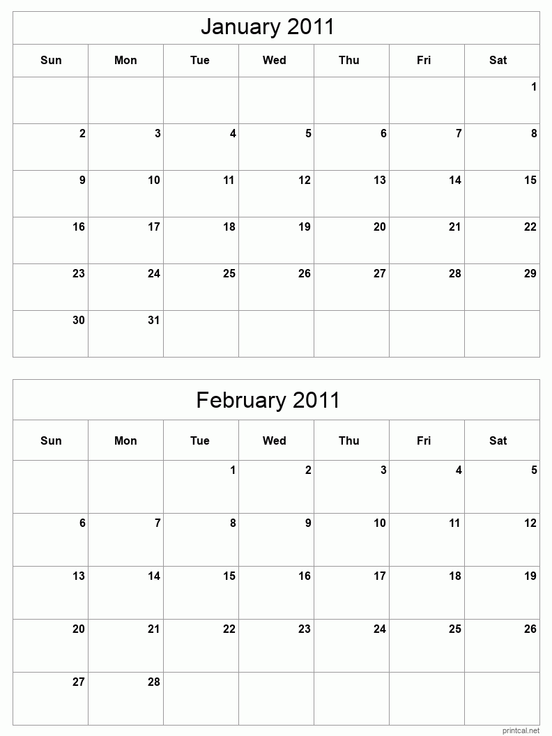 2 month calendar January to February 2011