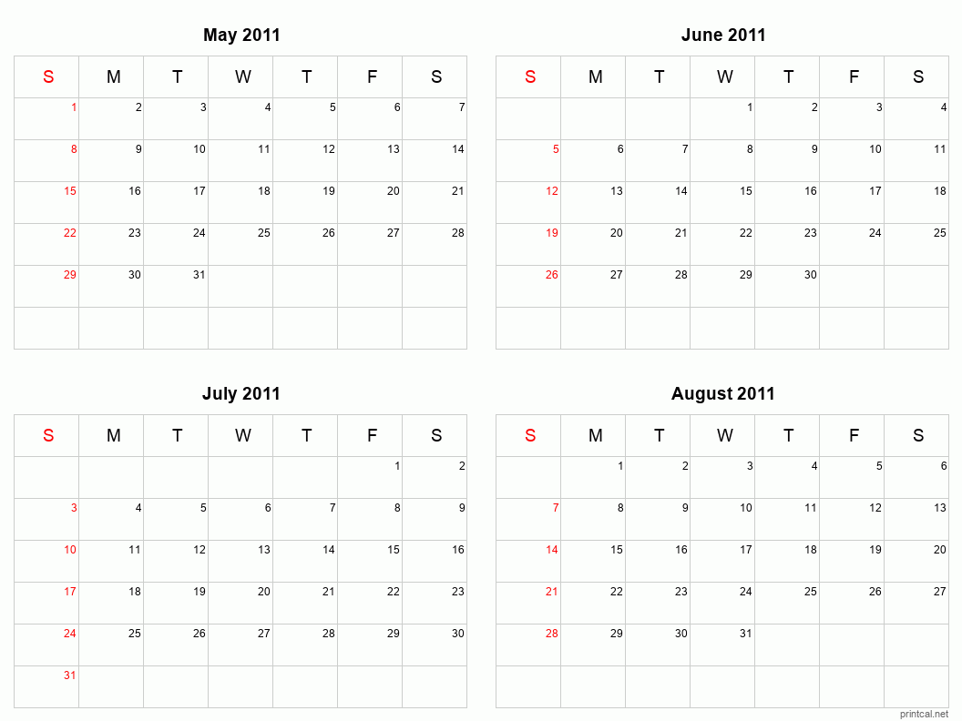 4 month calendar May to August 2011