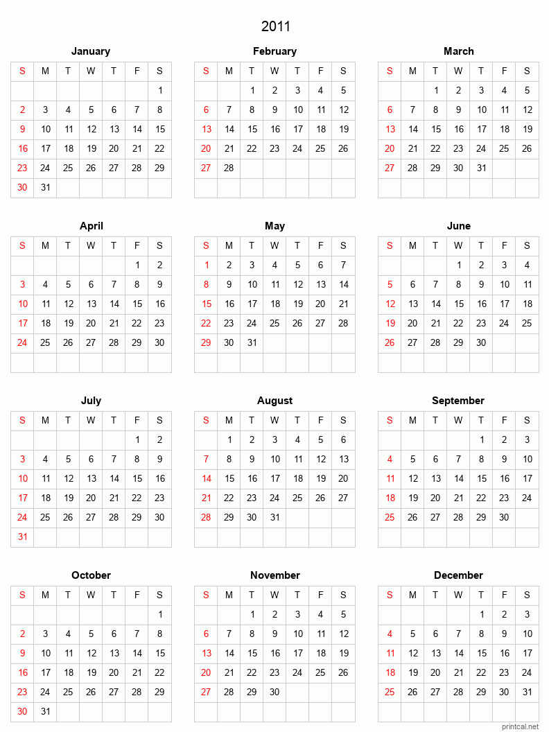 Printable 2011 Full-Year Calendar