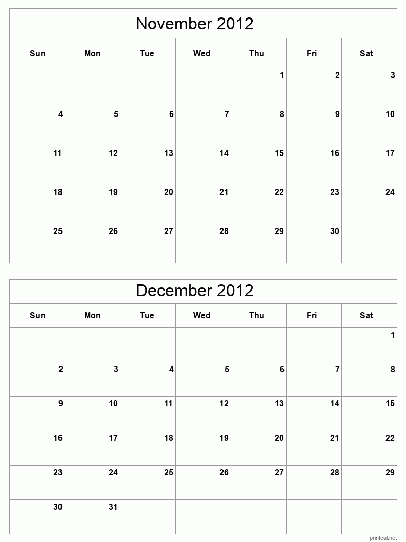 2 month calendar November to December 2012