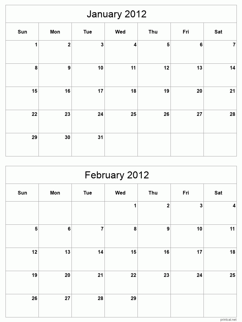 2 month calendar January to February 2012