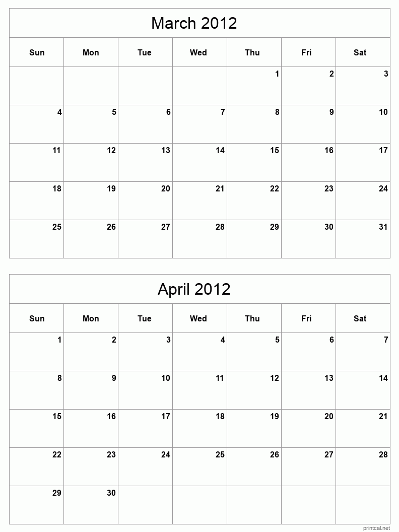 2 month calendar March to April 2012