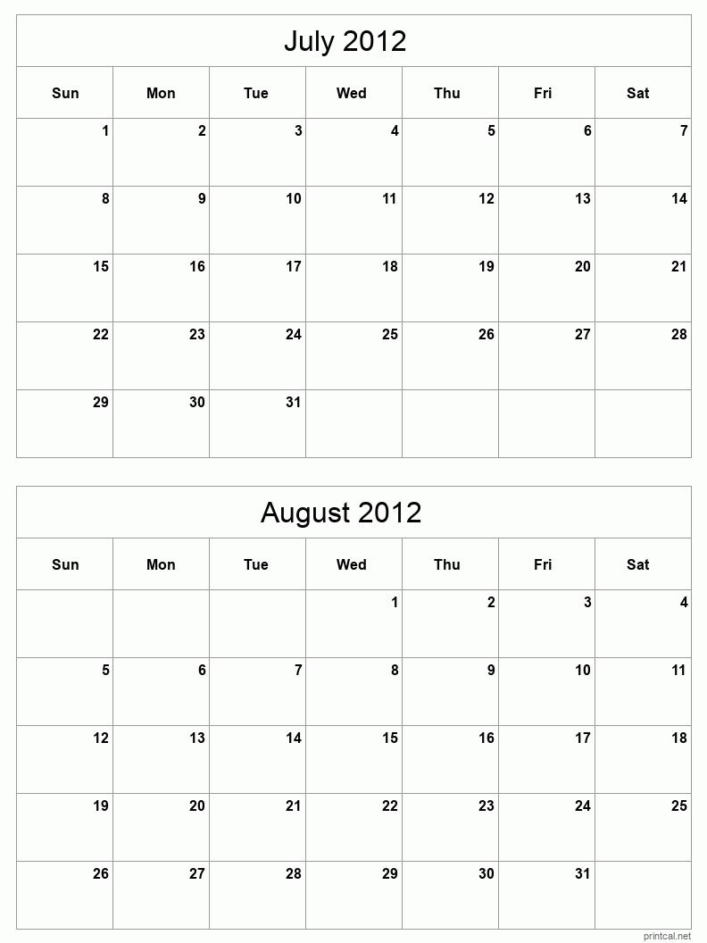 2 month calendar July to August 2012