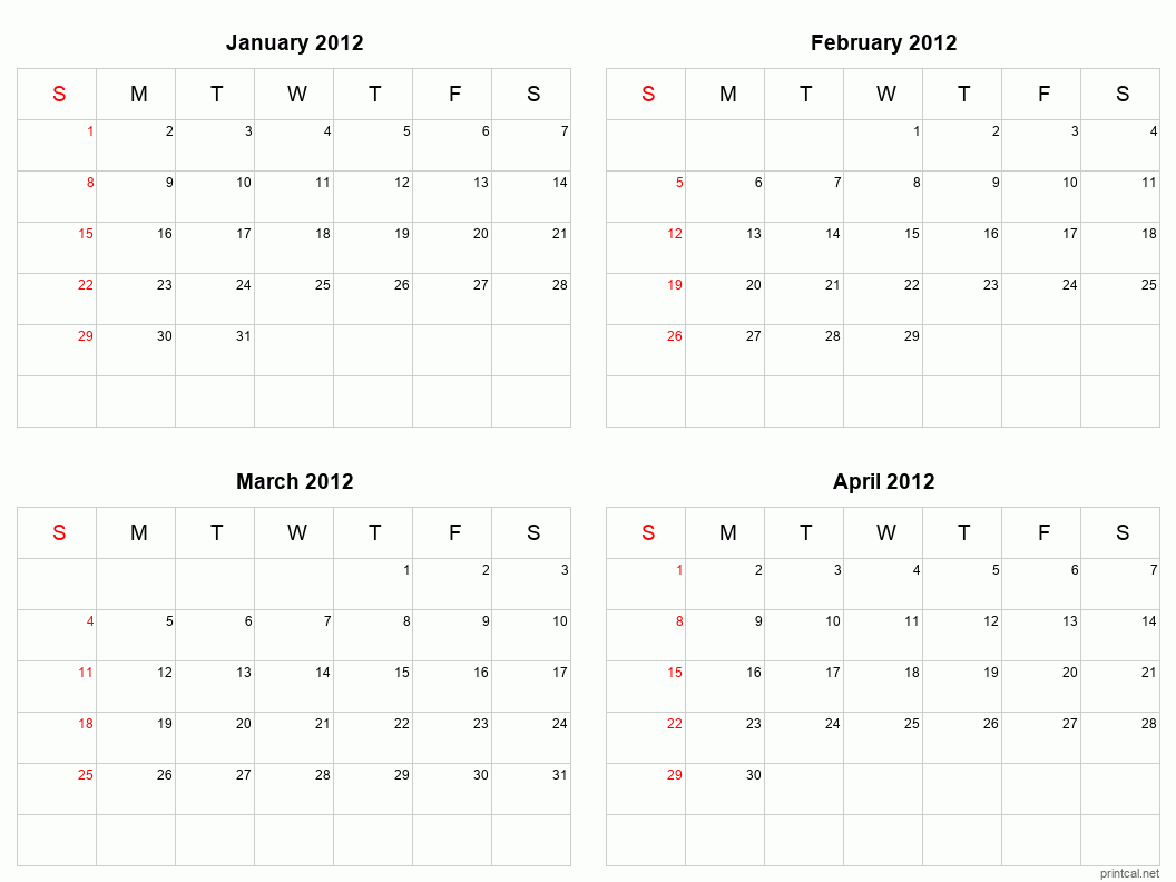 4 month calendar January to April 2012