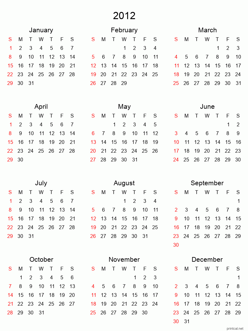 Printable 2012 Yearly Calendar