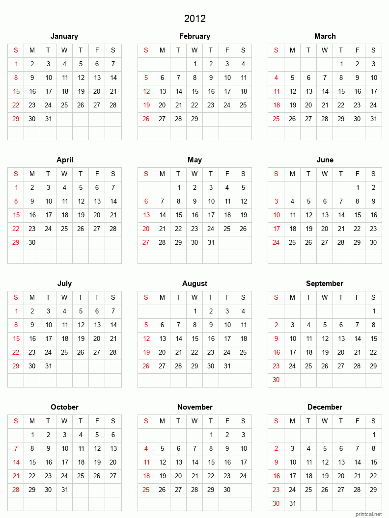 Printable 2012 Full-Year Calendar