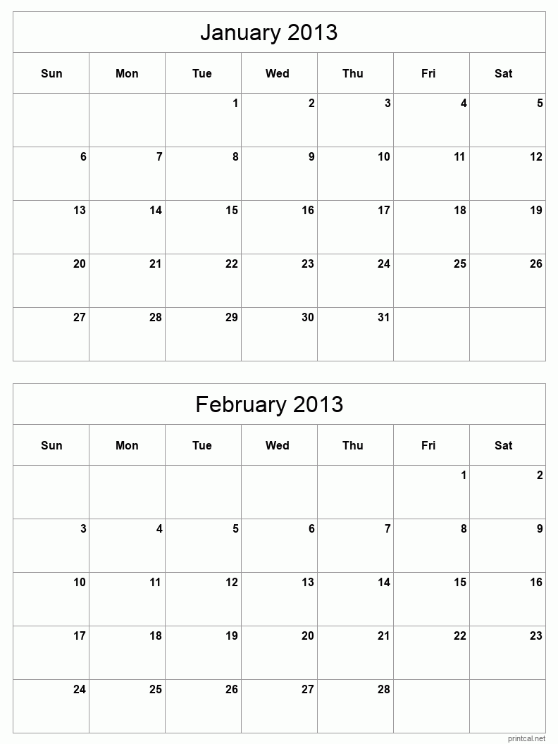 2 month calendar January to February 2013