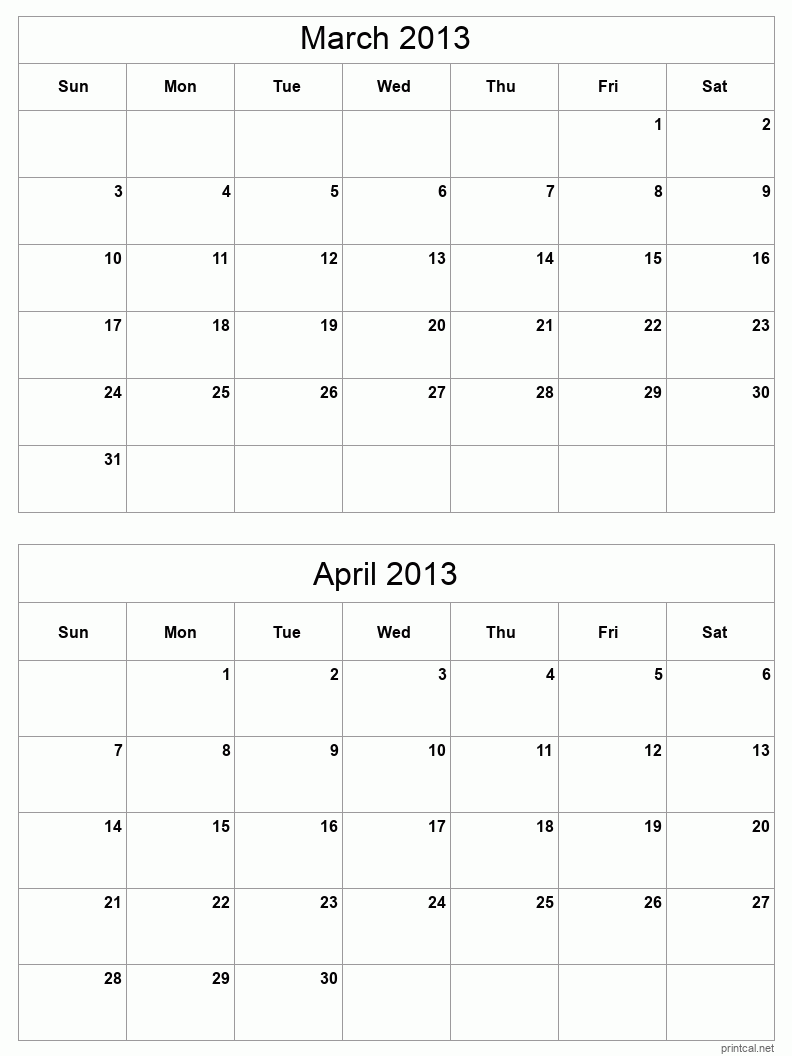 2 month calendar March to April 2013