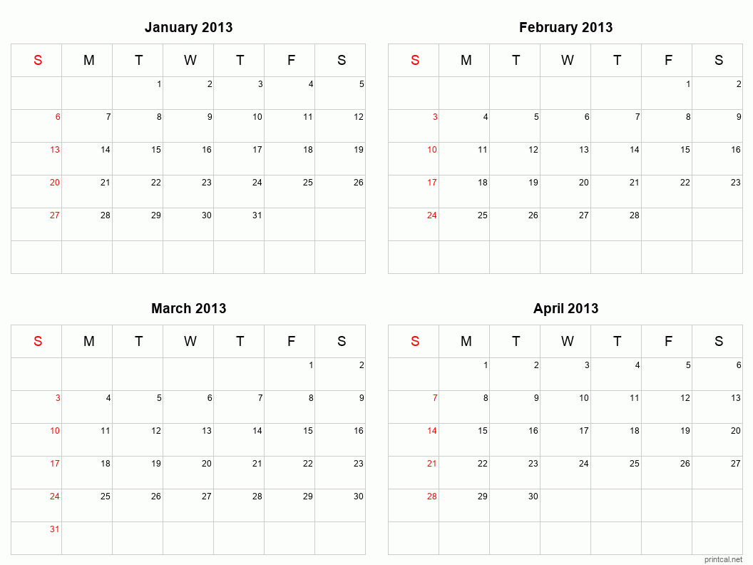 4 month calendar January to April 2013