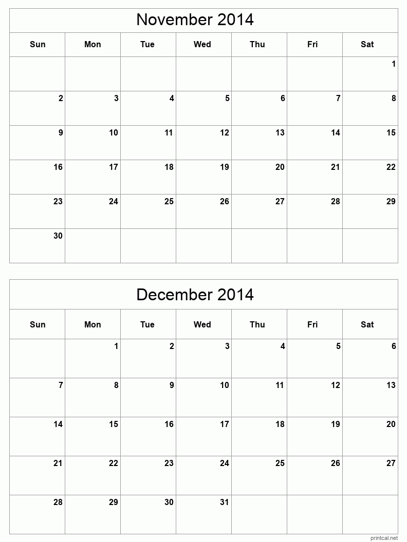 2 month calendar November to December 2014