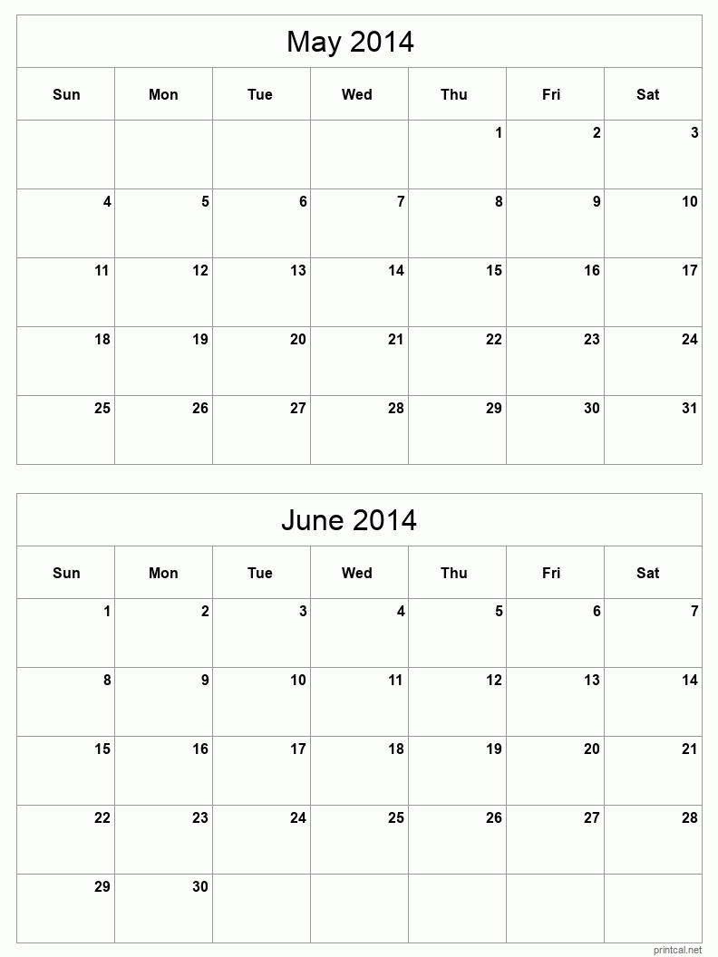 2 month calendar May to June 2014