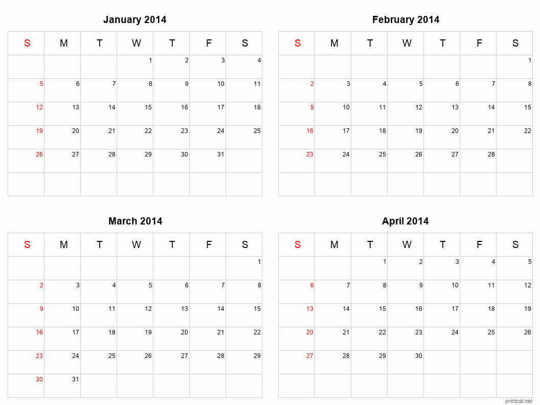 4 month calendar January to April 2014