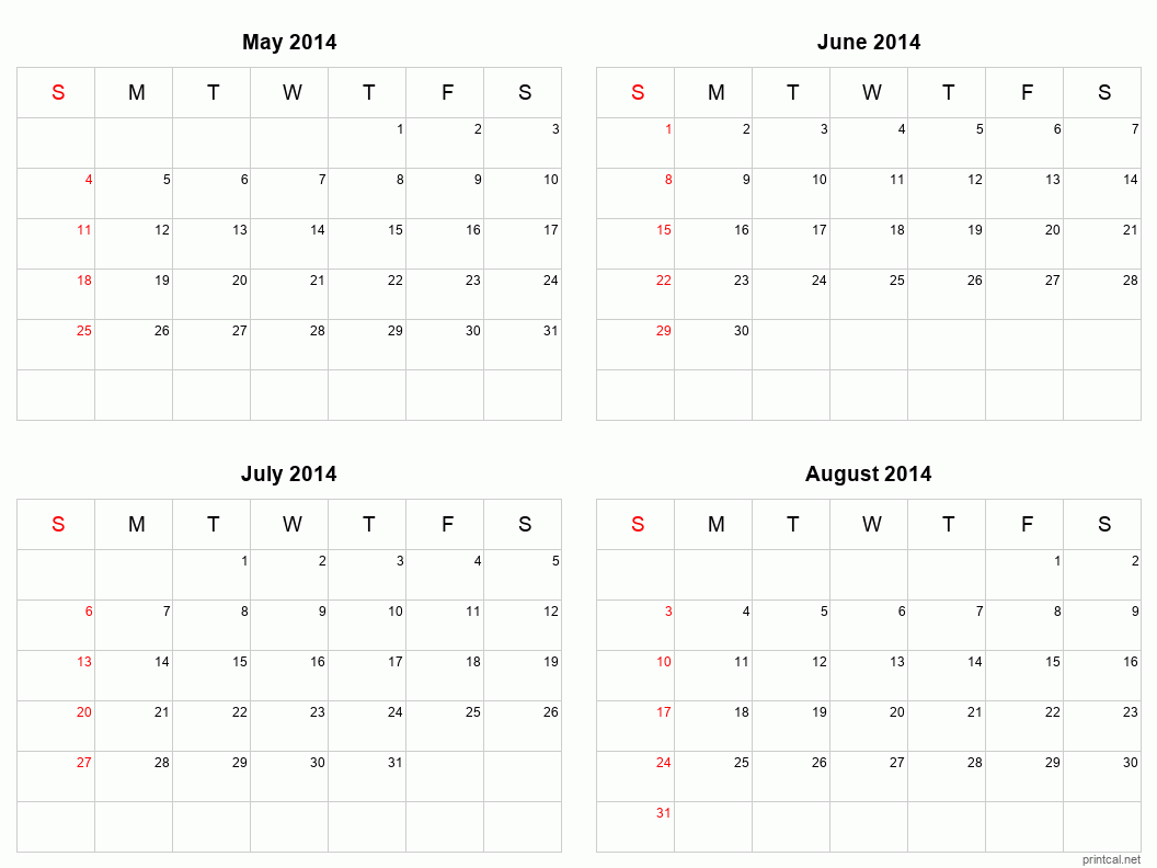 4 month calendar May to August 2014