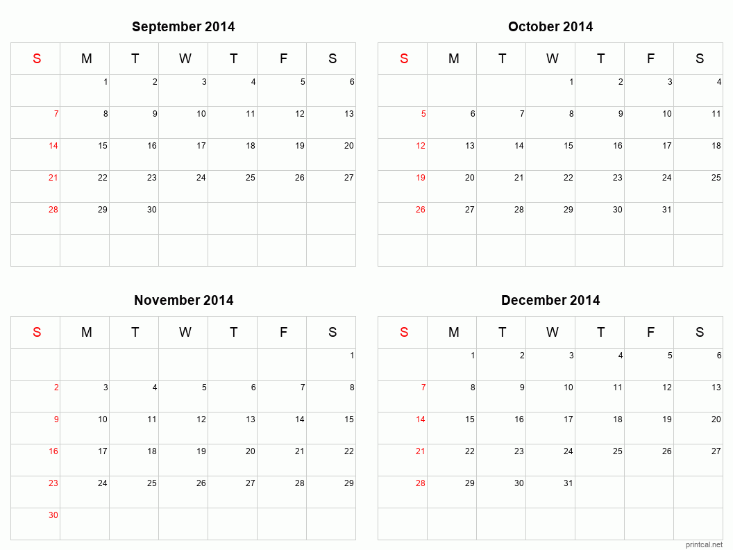 4 month calendar September to December 2014