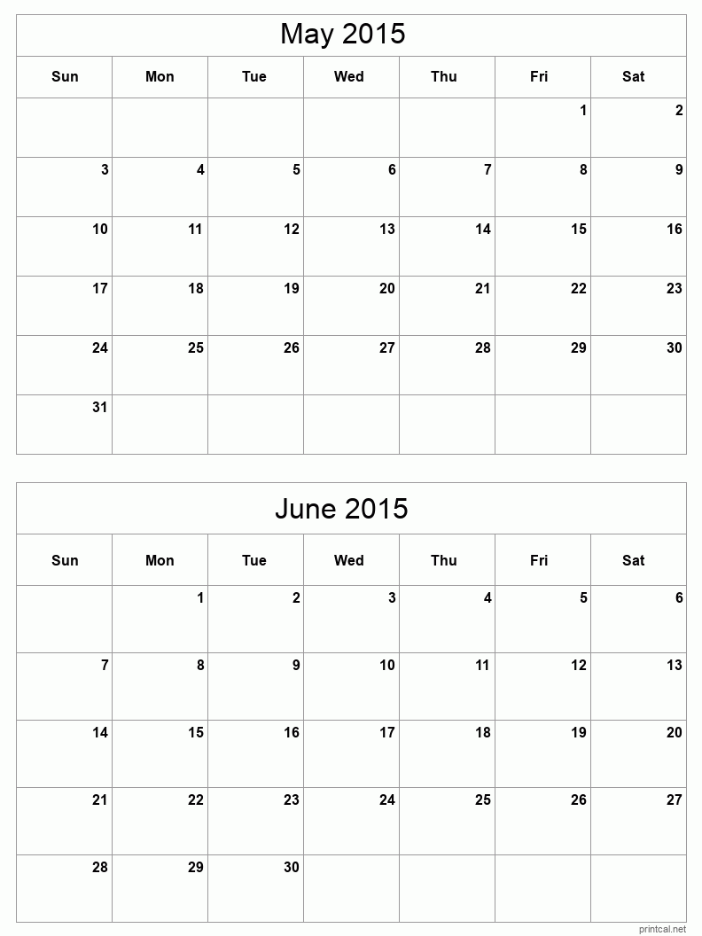 2 month calendar May to June 2015