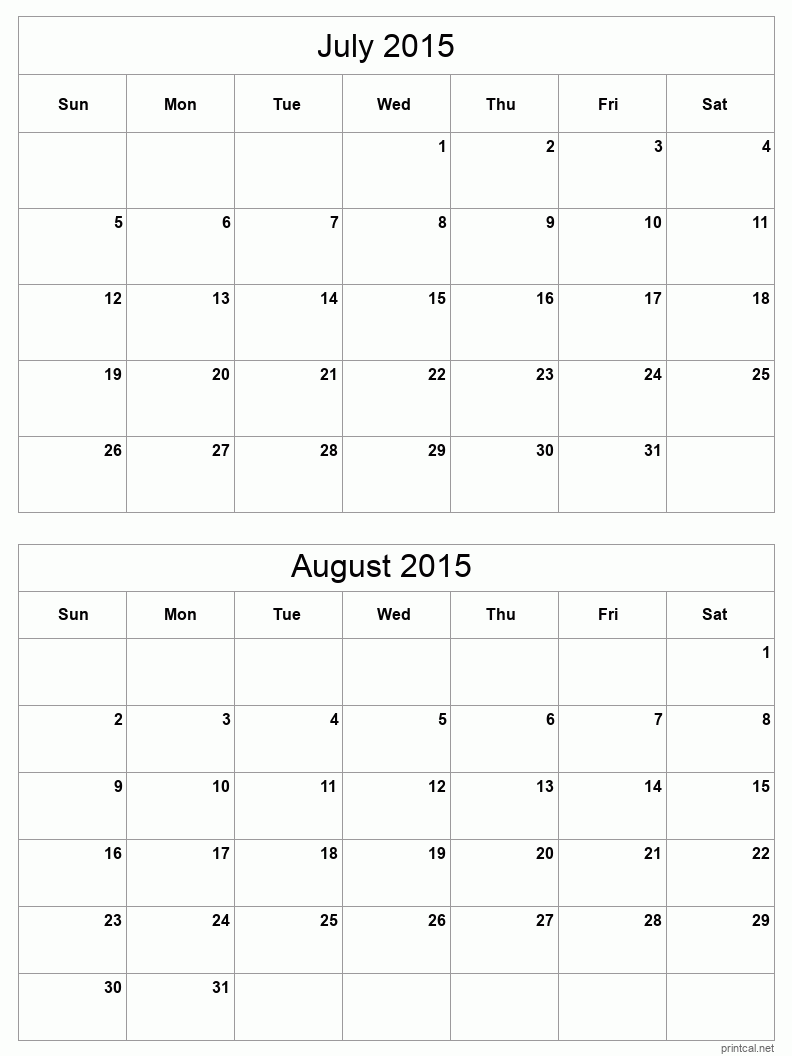 2 month calendar July to August 2015