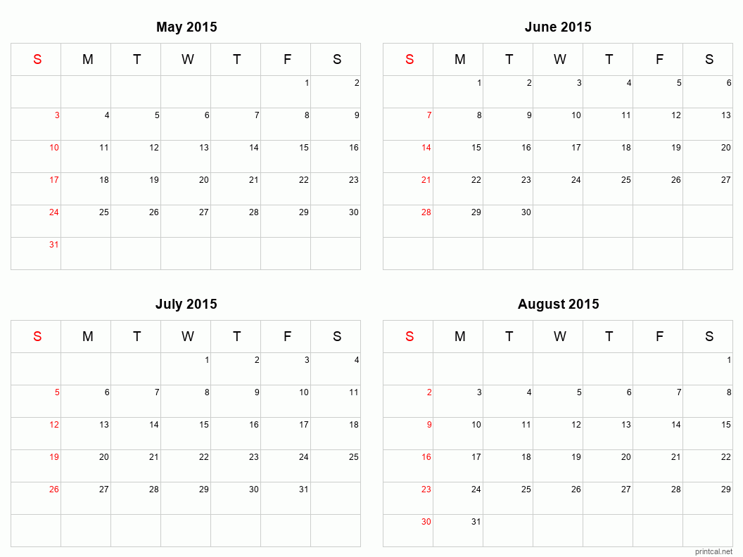 4 month calendar May to August 2015