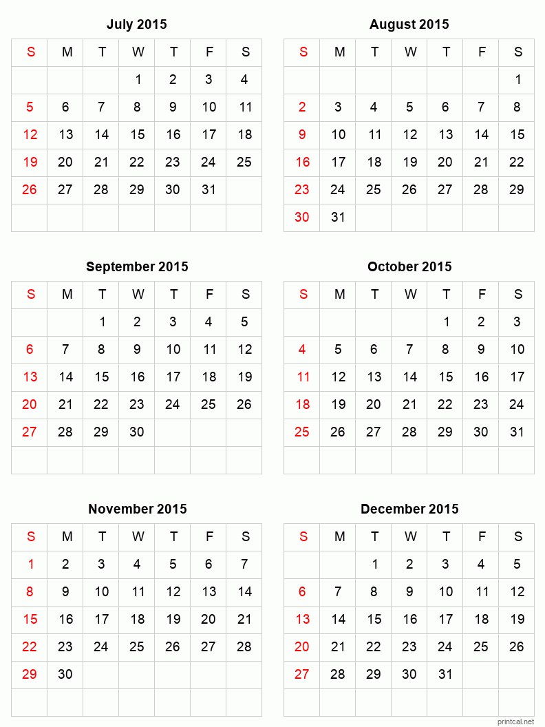 6 month calendar July to December 2015