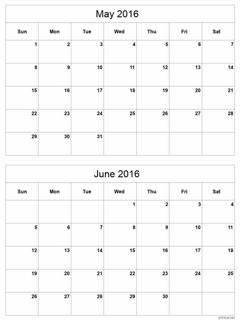 2 month calendar May to June 2016