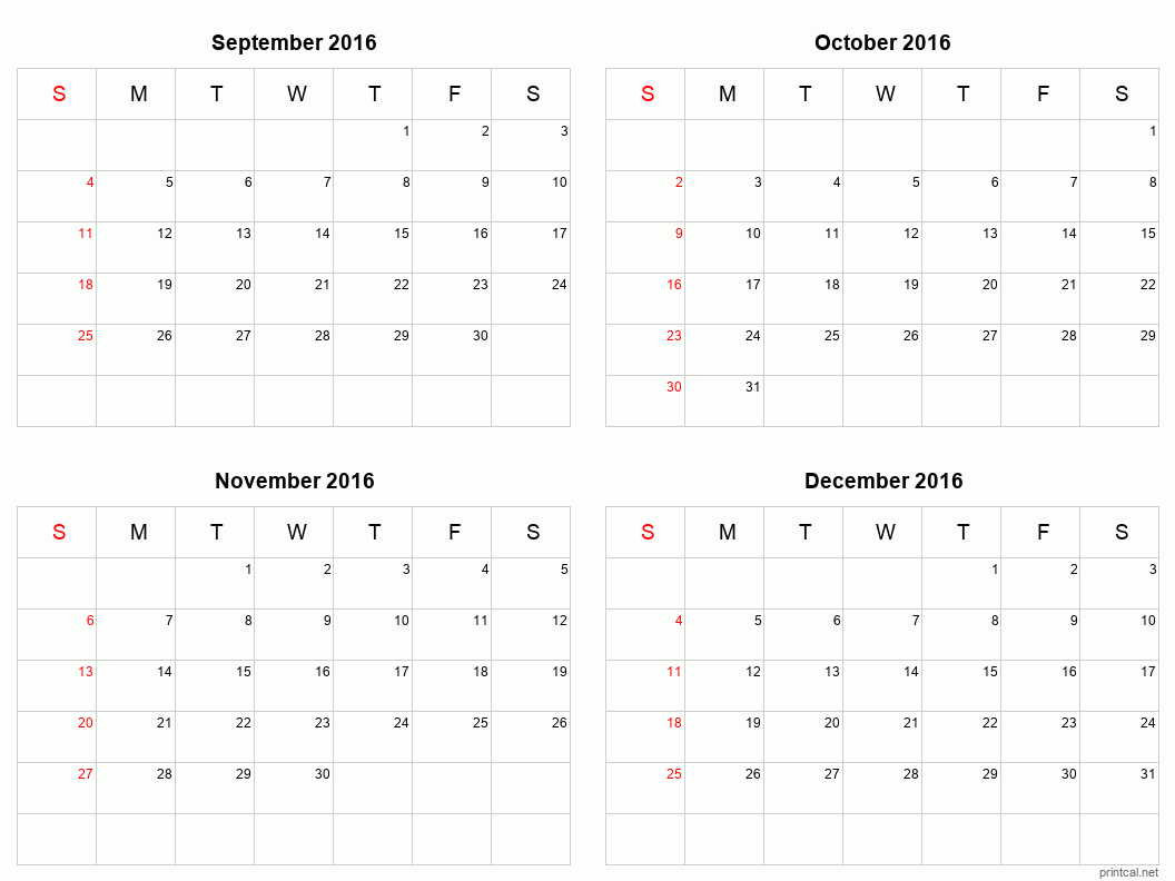 4 month calendar September to December 2016