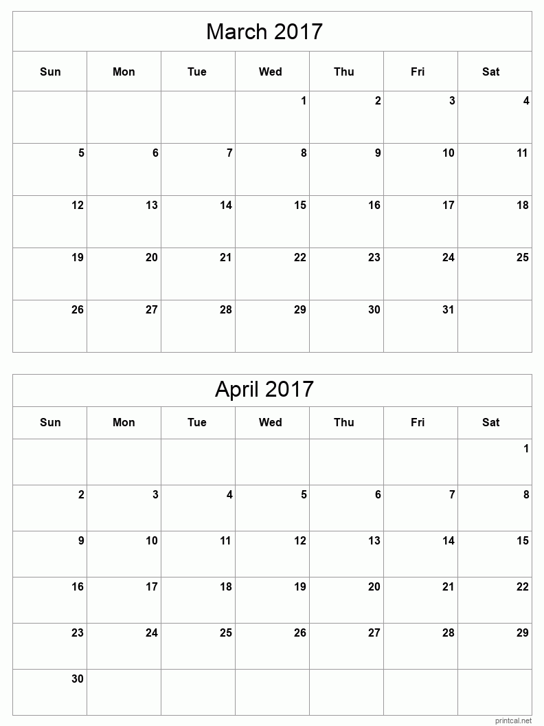 2 month calendar March to April 2017