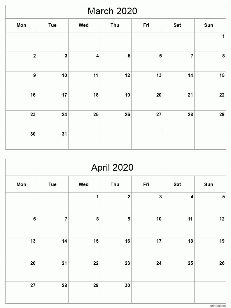 2 month calendar March - April 2020