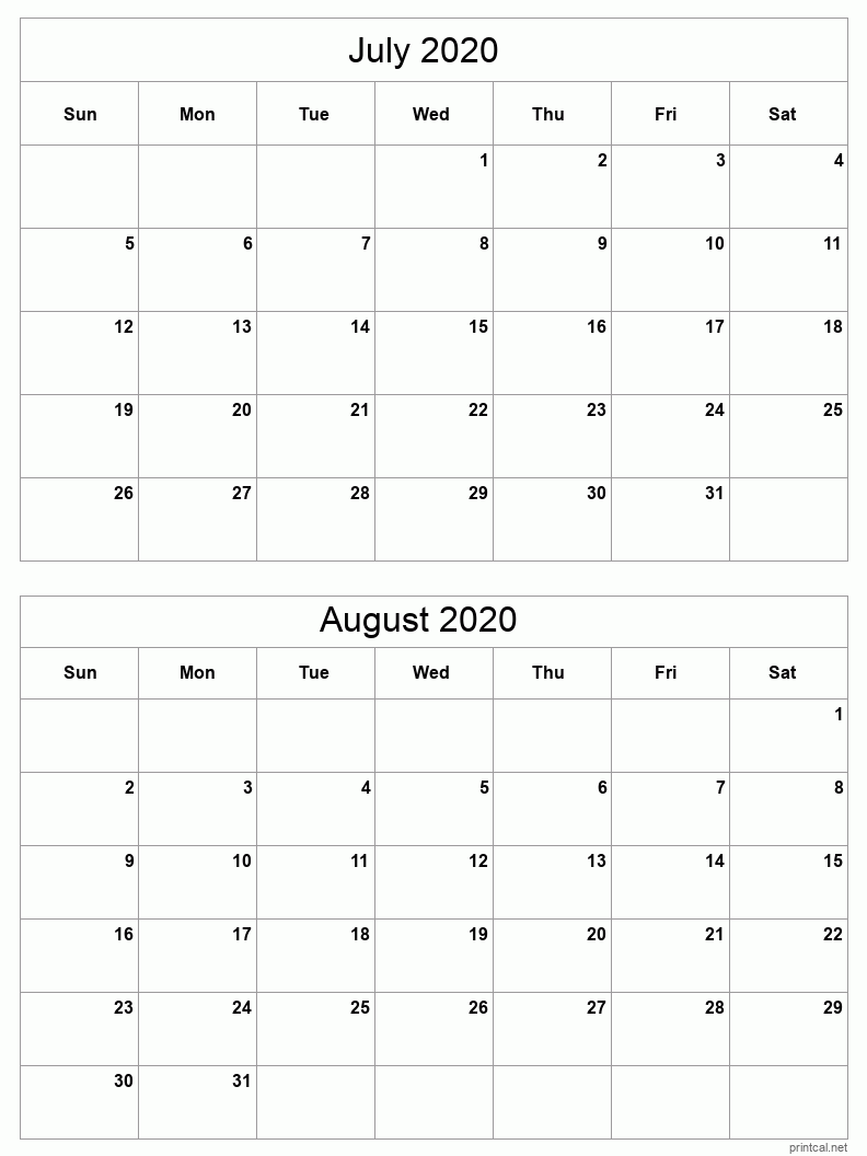 july to august 2020 printable calendar two months per page printable calendar