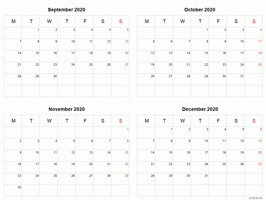 4 month calendar September to December 2020