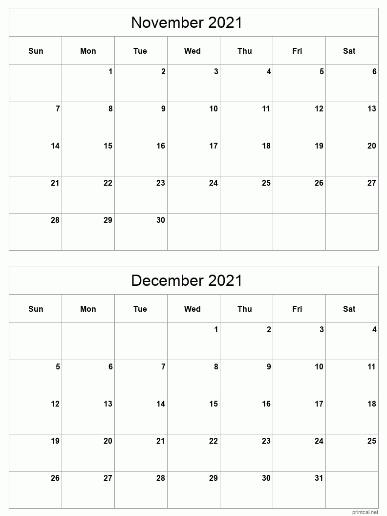 2 month calendar November to December 2021