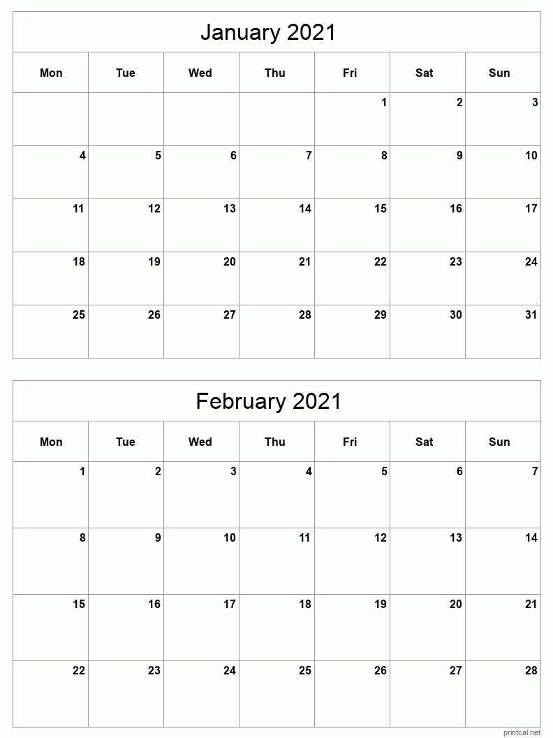 2 month calendar January to February 2021