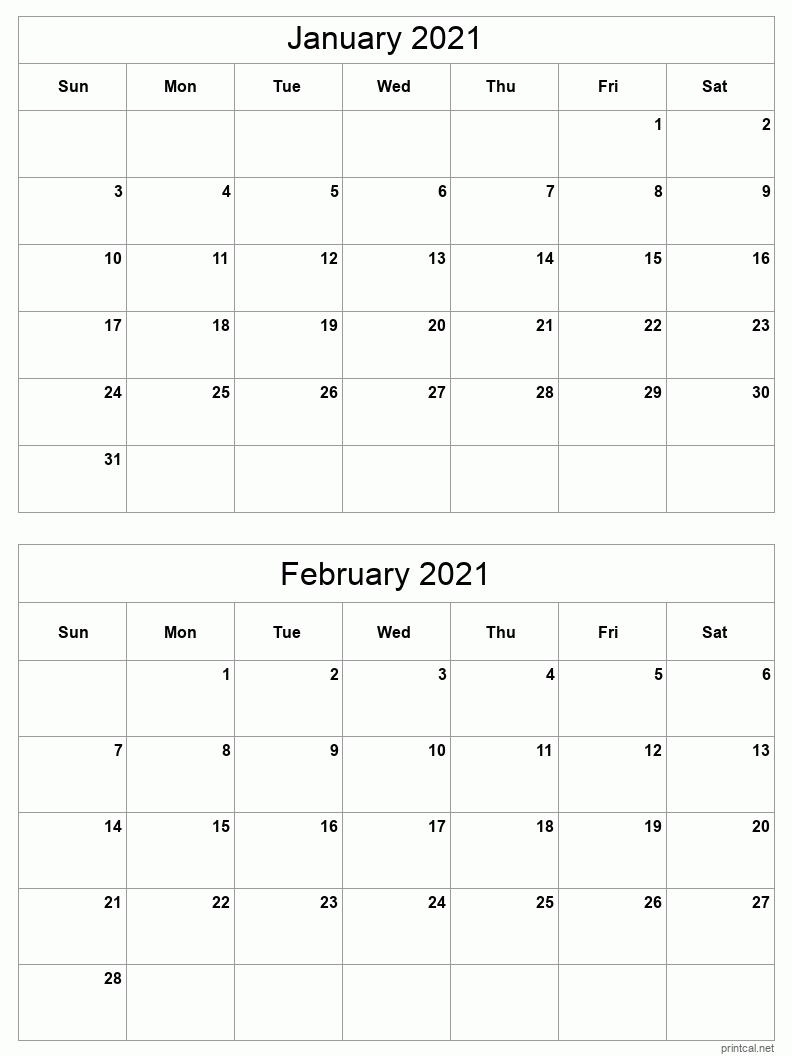 2 month calendar January to February 2021