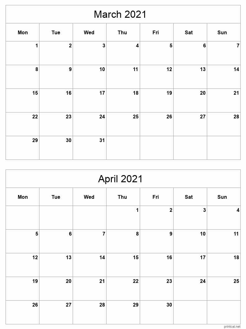 2 month calendar March to April 2021