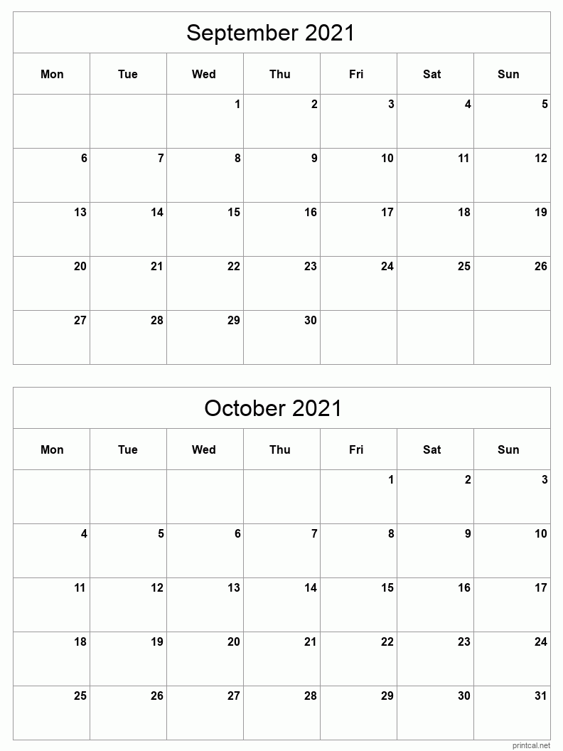 2 month calendar September to October 2021