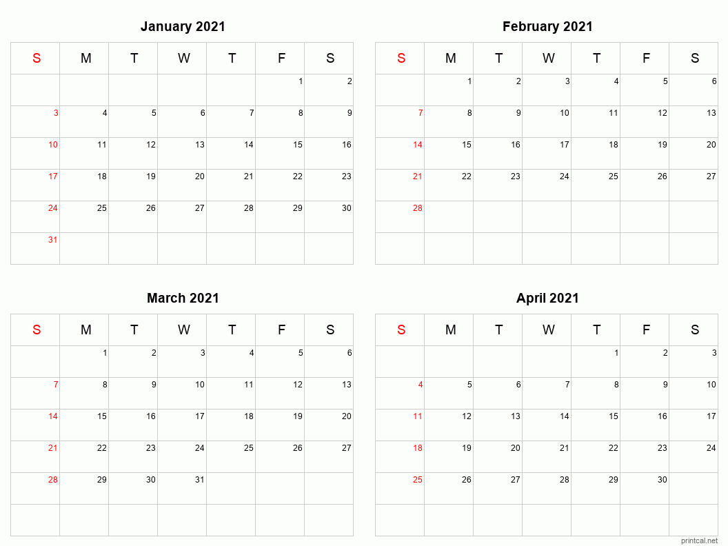 4 month calendar January to April 2021