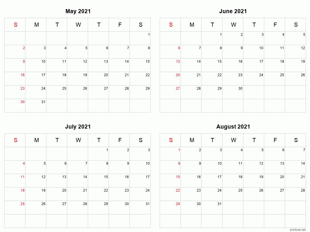 4 month calendar May to August 2021