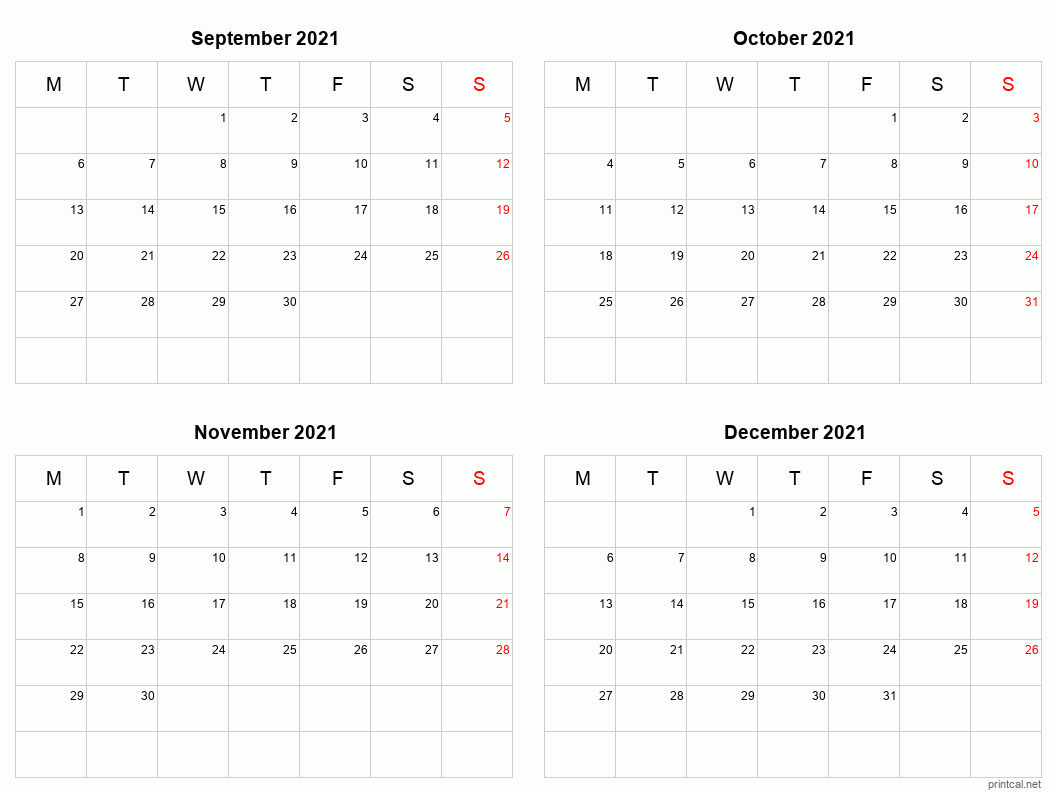 4 month calendar September to December 2021
