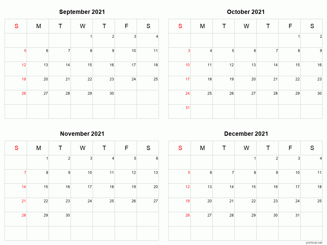 September To December 2021 Printable Calendar Four Months Per Page 