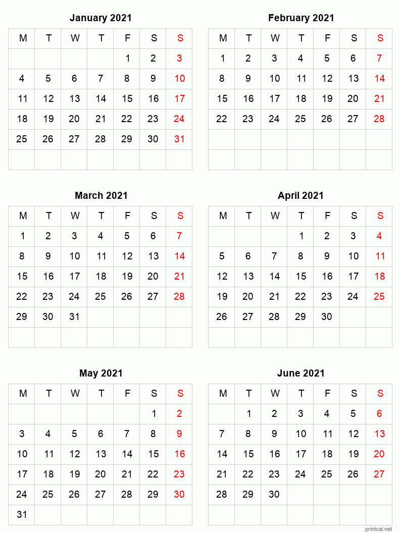 6 month calendar January to June 2021