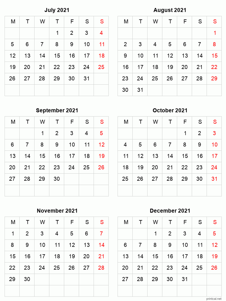 6 month calendar July to December 2021