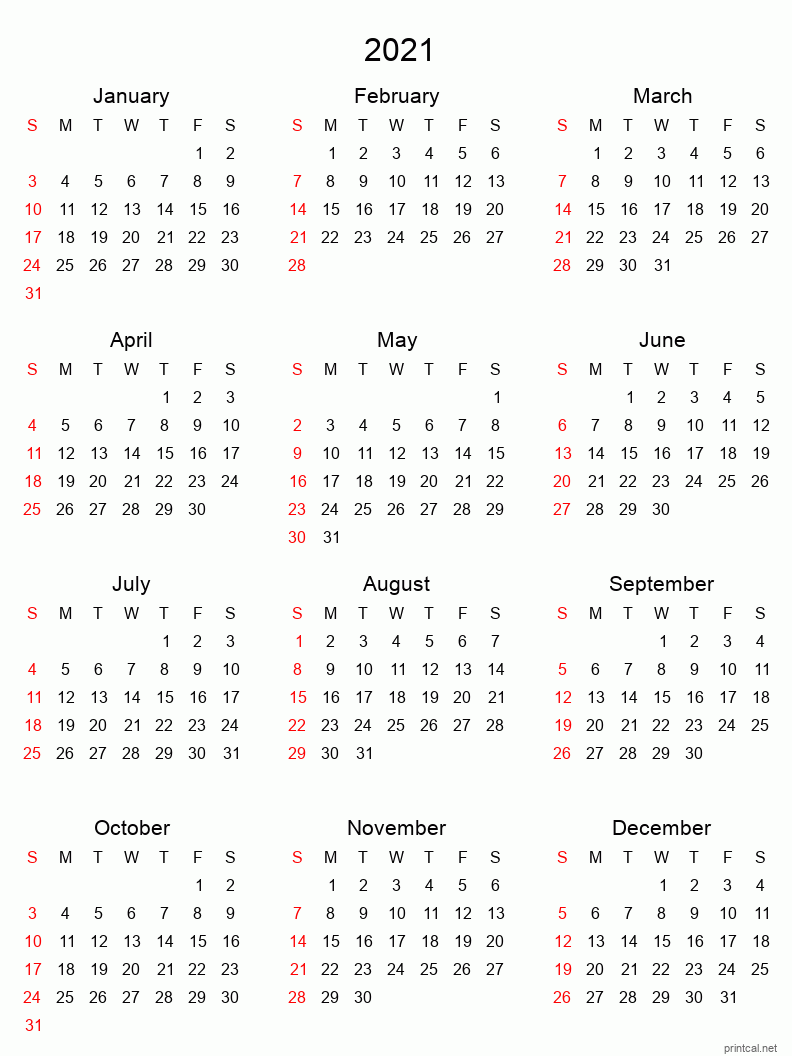 Printable Yearly Calendar 2021, Full-year | Free Printable ...