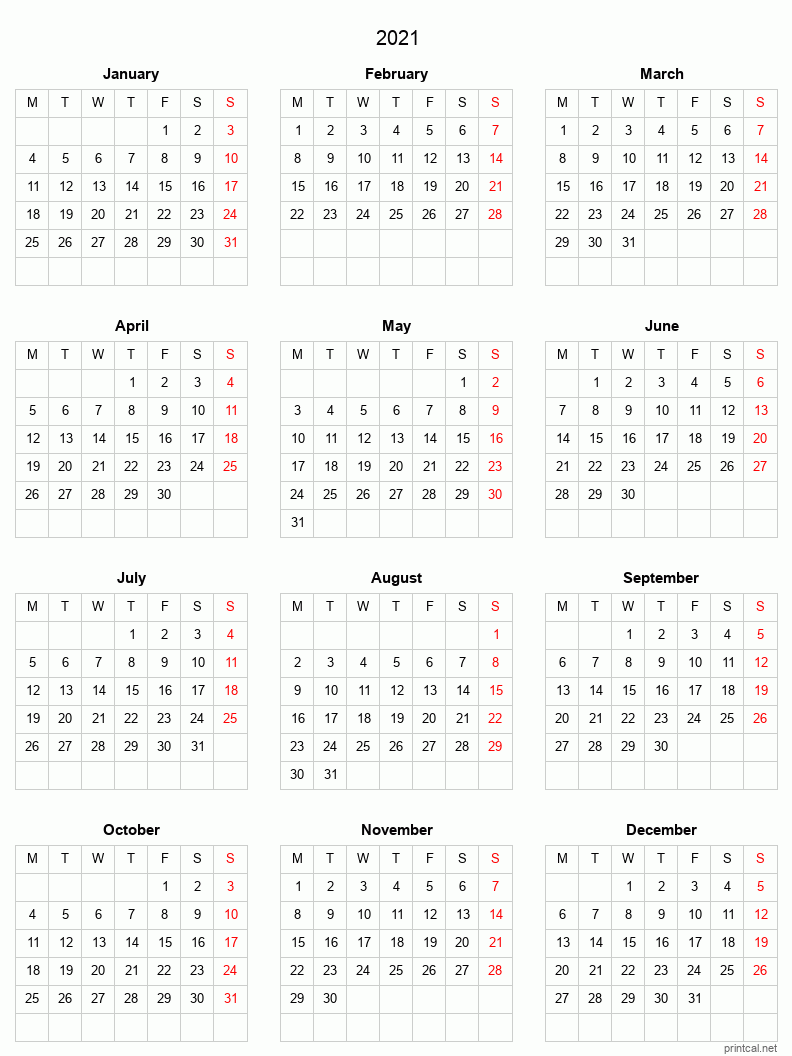 2021 Year Calendar Printable 4448