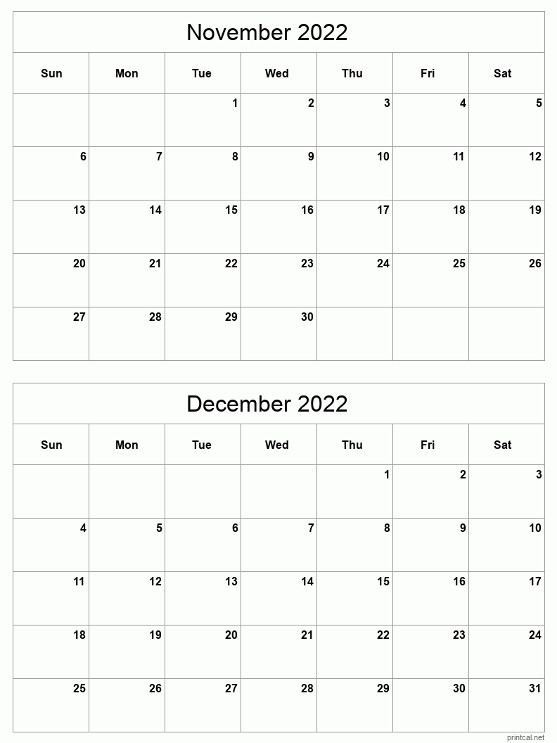 2 month calendar November to December 2022