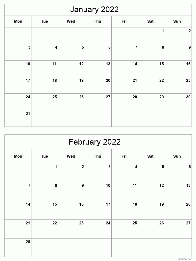 2 month calendar January to February 2022