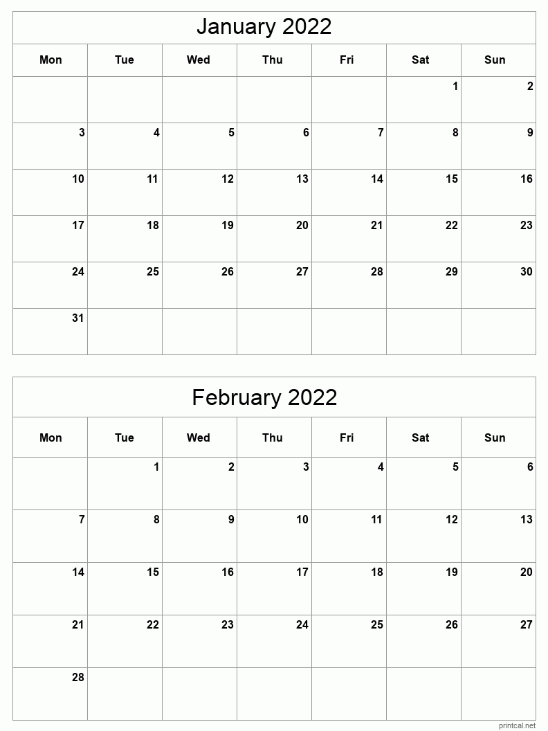 Jan Feb 2022 Printable Calendar Two Months Per Page 20 2022 Calendar 