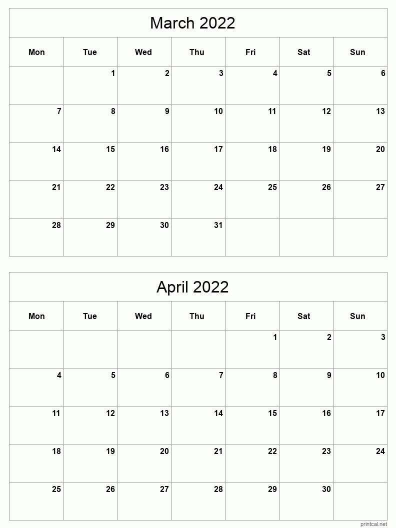 2 month calendar March to April 2022