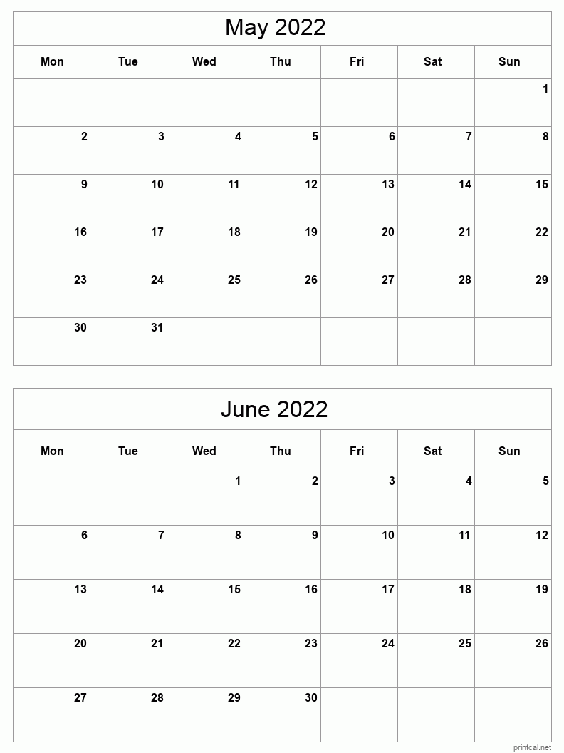 2 month calendar May to June 2022