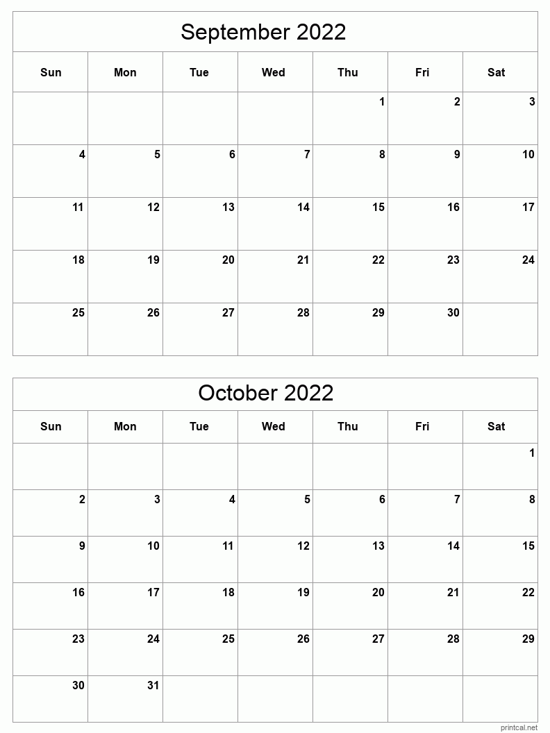 2 month calendar September to October 2022