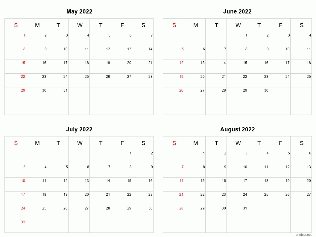 4 month calendar May to August 2022