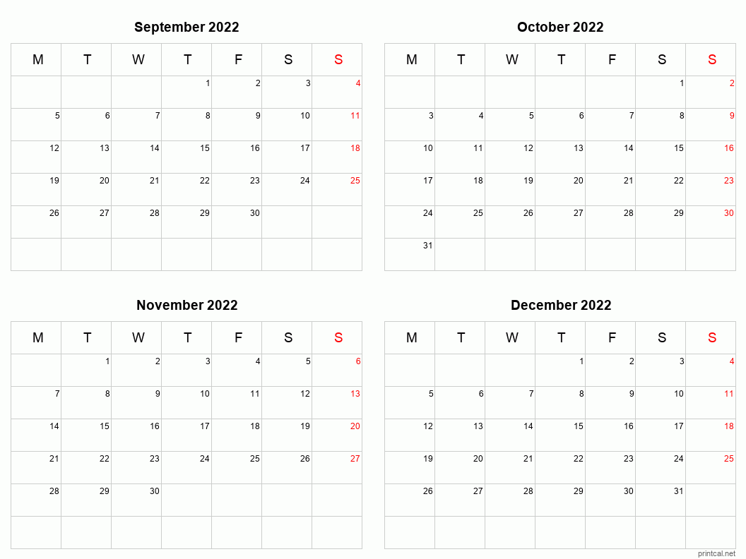 4 month calendar September to December 2022