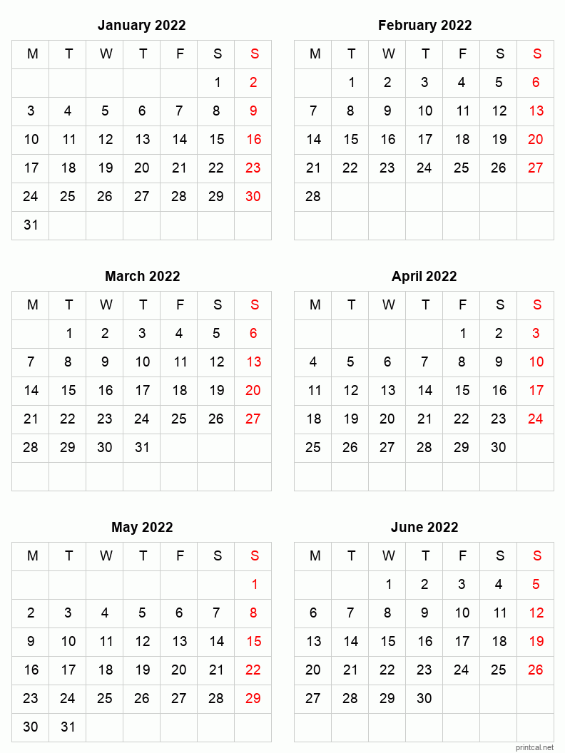 6 month calendar January to June 2022
